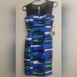 XOXO MULTICOLOR BLUE BLACK WHITE GREEN DRESS SIDE CUTOUTS S NWT MESH NECK